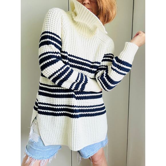 Nautical Striped Chunky Knit Sweater Size Large Cotton Lands' End Coastal Beachy - Picture 9 of 9